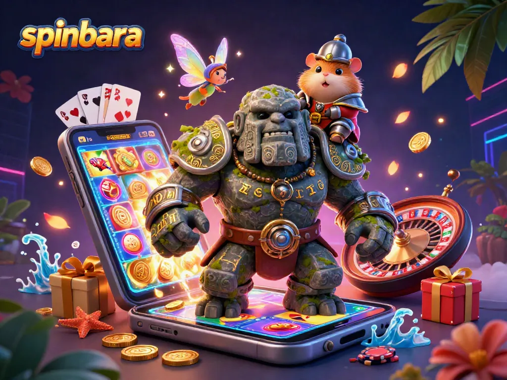 Engage with spinbara online casino featuring a vibrant 3D scene of gaming heroes and thrilling slots!