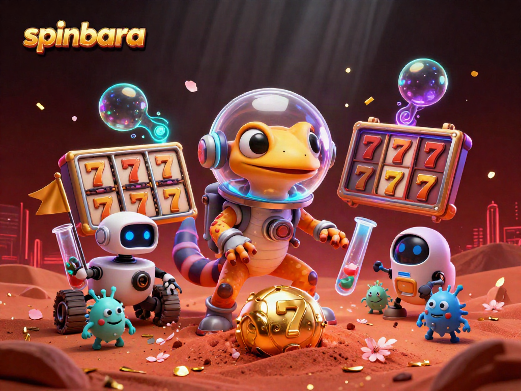 Experience the excitement of spinbara with a vibrant casino adventure featuring a Martian gecko and golden winning symbols.