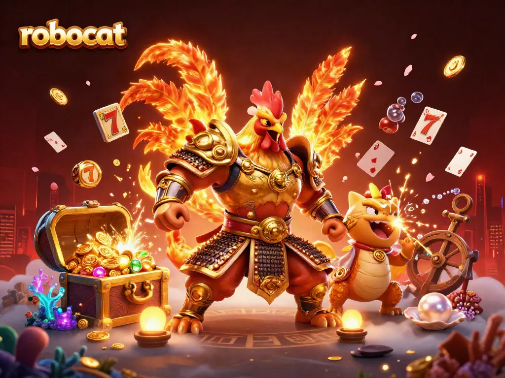 Experience thrilling action with robocat as a fighting rooster and dragon, surrounded by vibrant casino games.