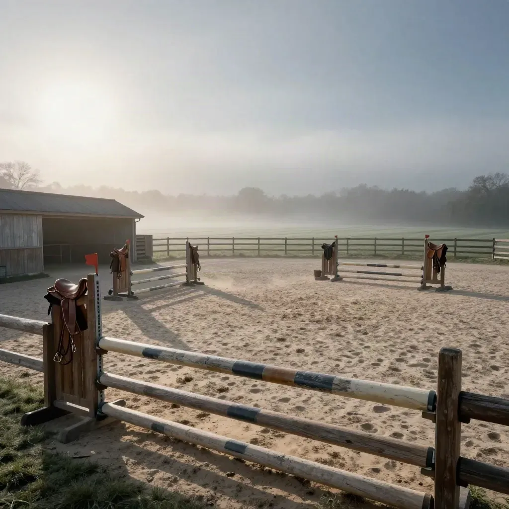 Centro hípico vacío al amanecer con arena, saltos, sillas y niebla en los paddocks.