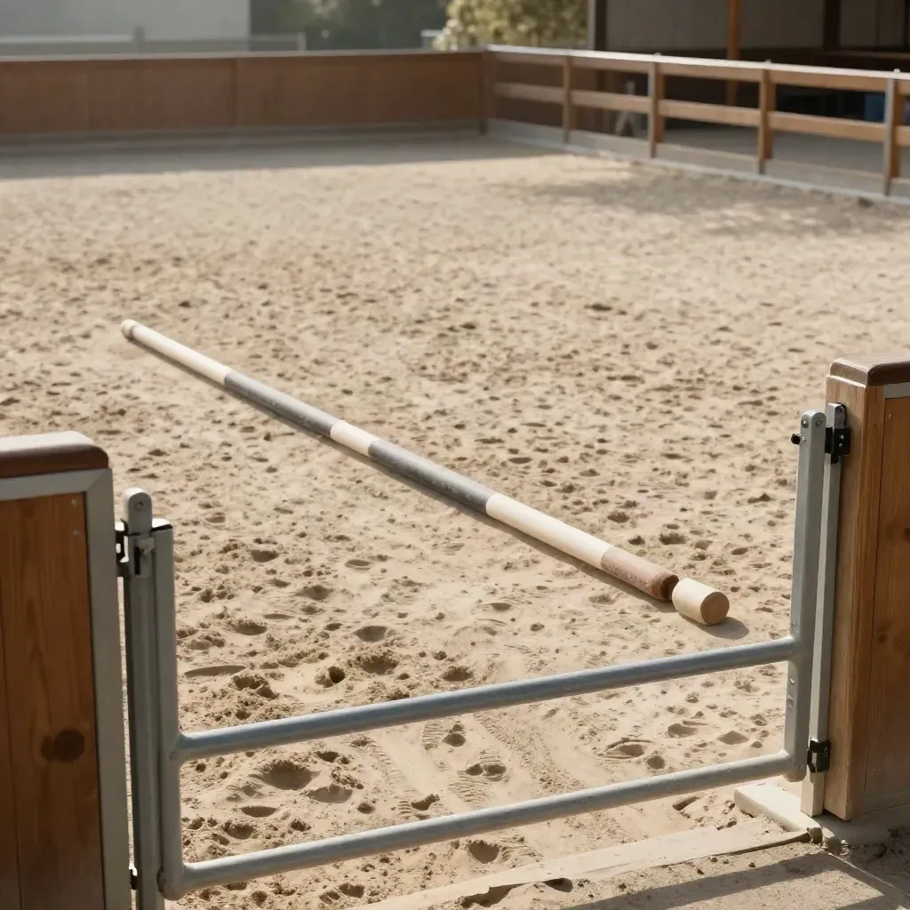 Arena de equitación vacía con barras, bloque de monta y luz cálida entre polvo
