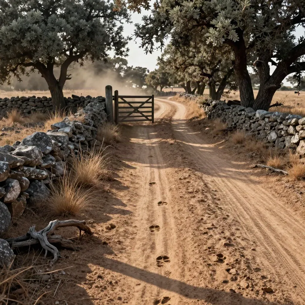 Sendero de tierra con huellas de cascos y muro de piedra junto a encinas al atardecer.