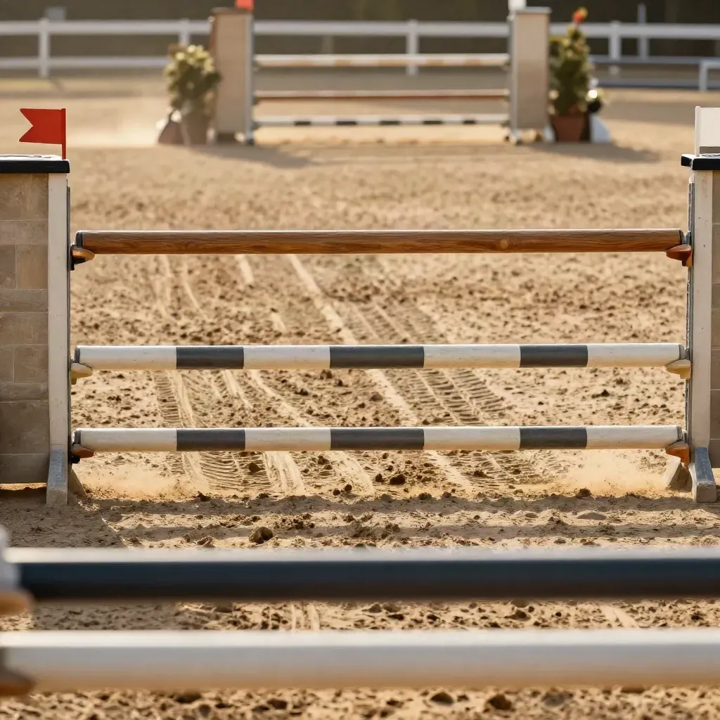 Oxer ecuestre listo en pista, con polvo suspendido y herrajes bronce bajo luz dorada.