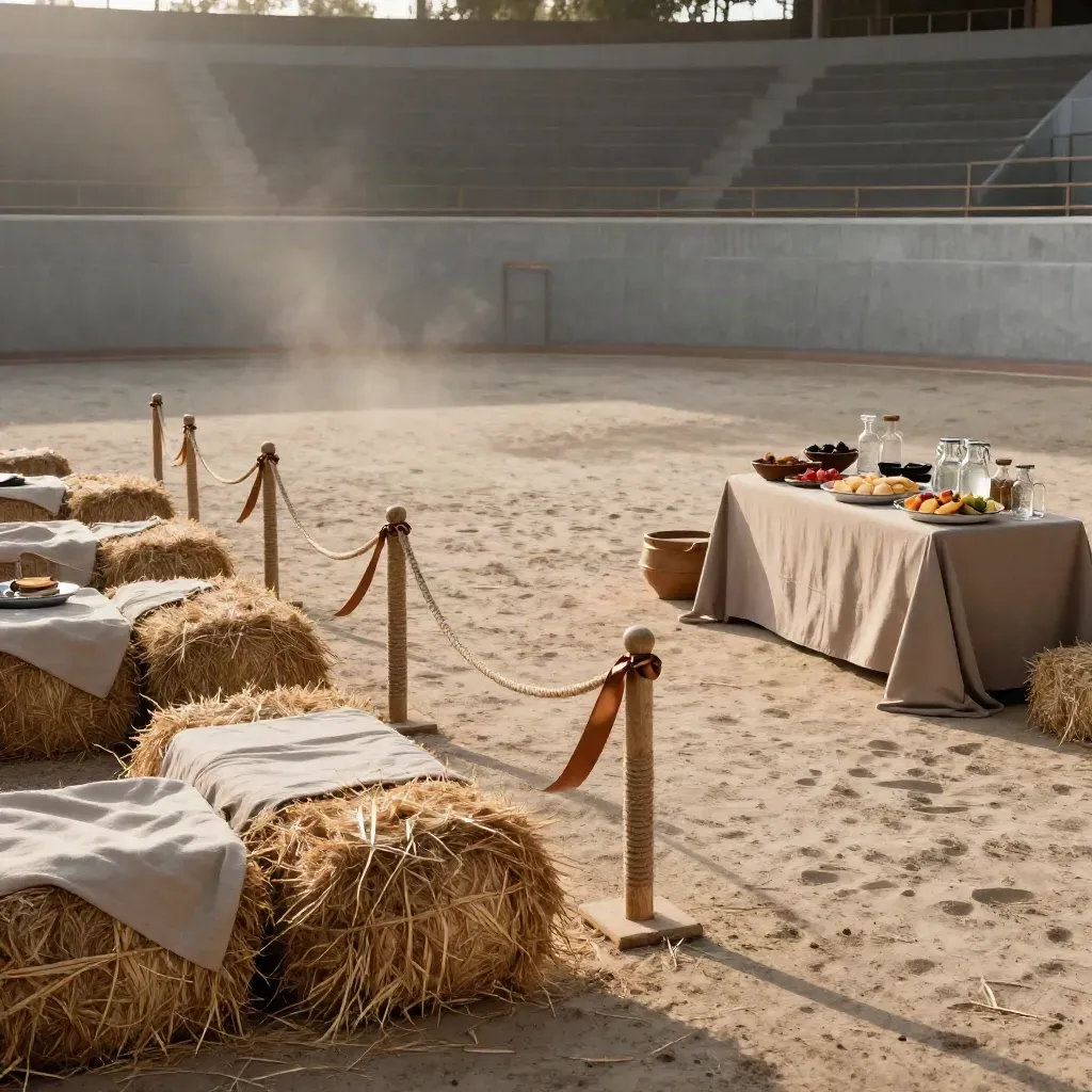 Montaje vacío de fiesta ecuestre con pacas, camino para pony y mesa de meriendas en una pista.