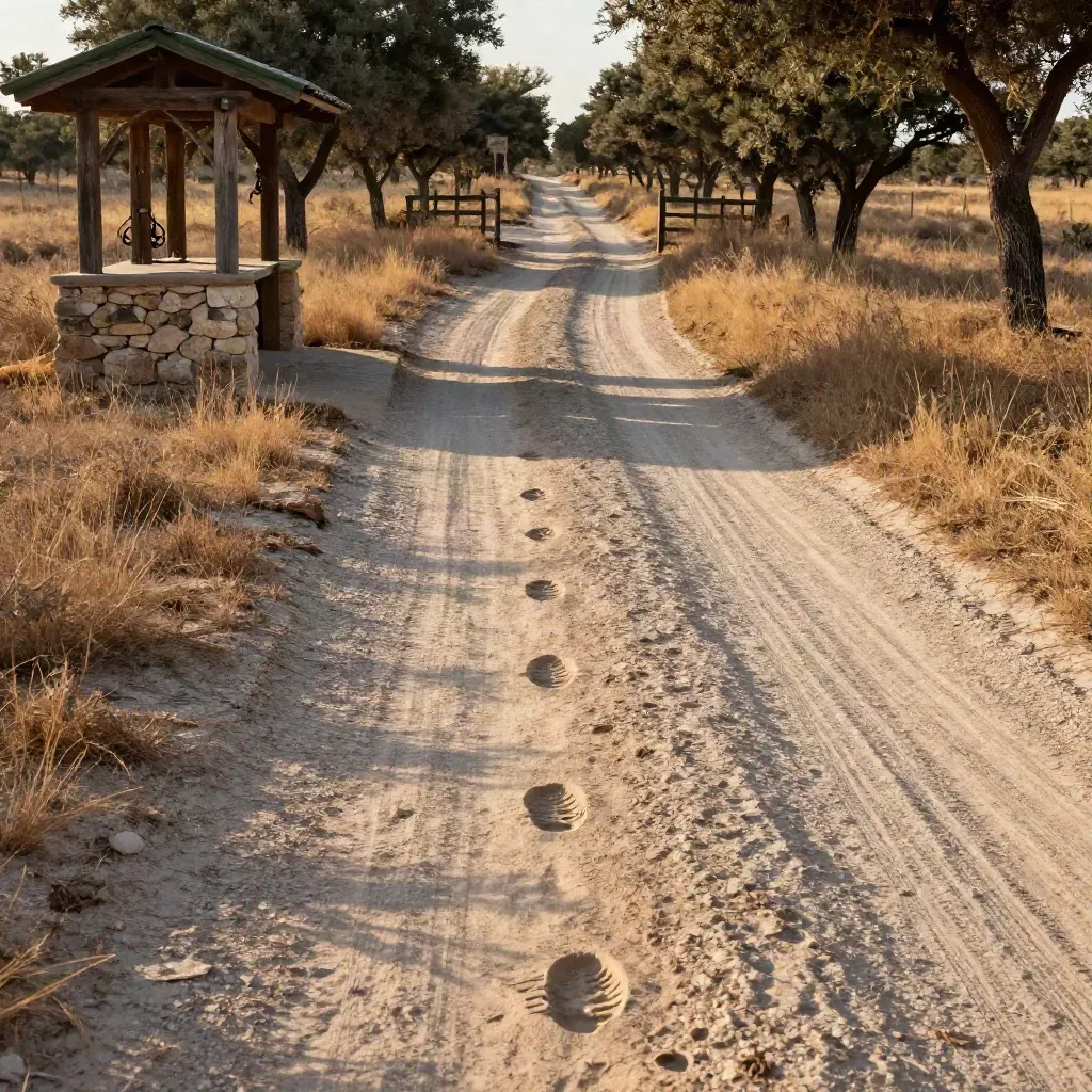 Camino de dehesa con huellas de caballo, puesto de descanso sombreado y puertas lejanas.