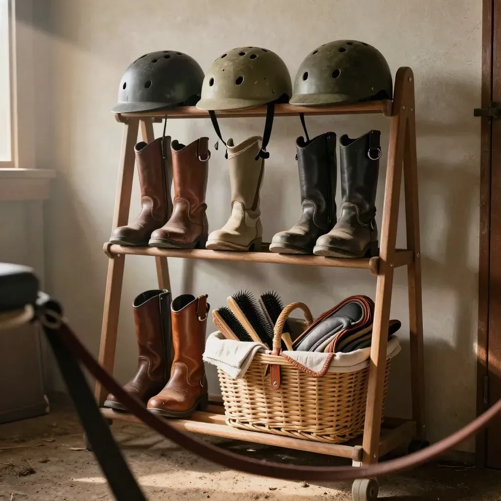 Estante de sillas y equipo infantil en cuadra, con cascos, botas y cesta de aseo.