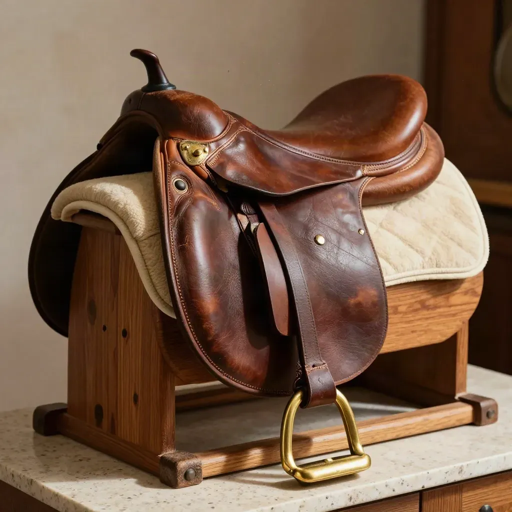 Silla de montar clásica sobre soporte de madera, con estribo de latón y manta crema en luz dramática.