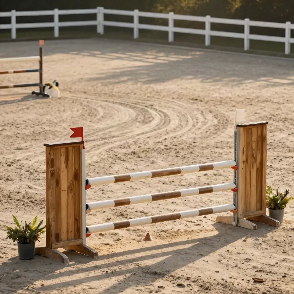 Pista de salto preparada con oxer, conos bronce y arena alisada bajo luz dorada.
