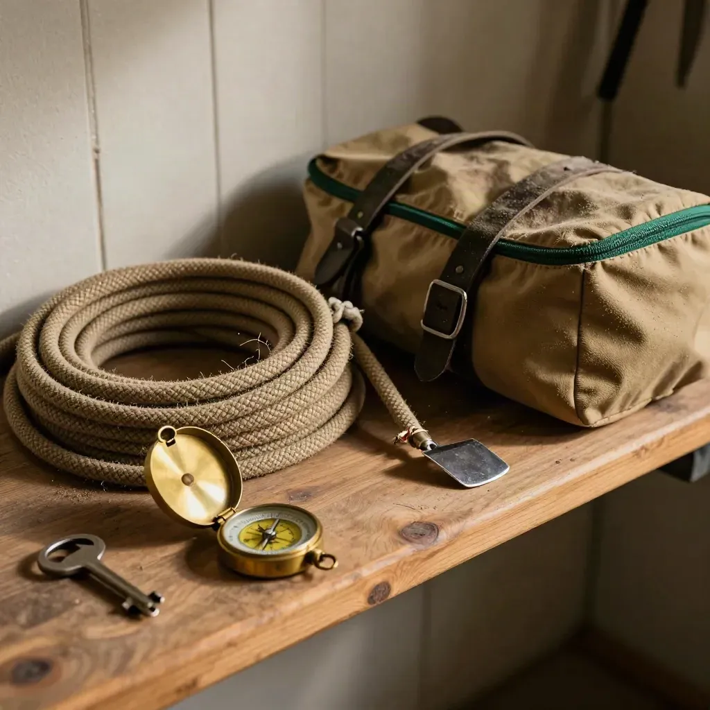 Kit ecuestre de ruta con cuerda enrollada, estuche de brújula, gancho de casco y alforja de lona.