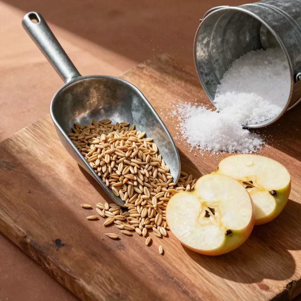 Scoop galvanizado, avena, manzana y bloque mineral sobre madera rústica, vista cenital.