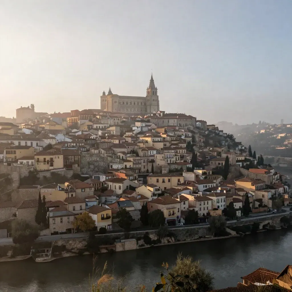 Toledo sobre el río al amanecer, con niebla baja y tejados de terracota.