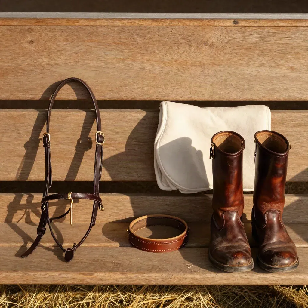 Vista cenital de brida, cincha, mantilla y botas sobre un banco de madera con polvo de heno.