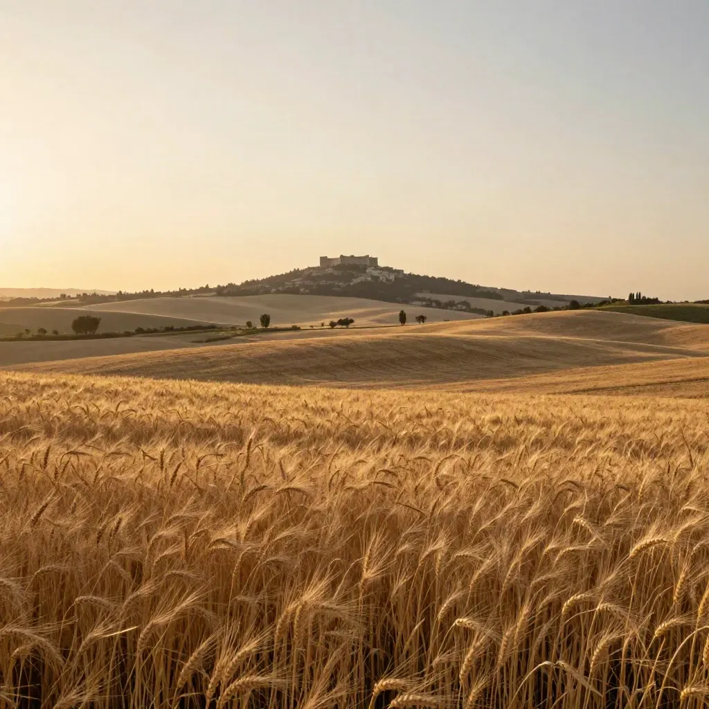 Campos de cereal de Guadalajara con un castillo lejano y álamos bajo luz cálida.