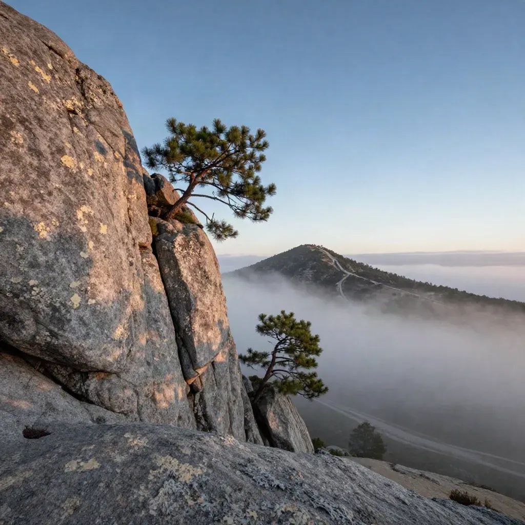 Sierra de Madrid al atardecer con roca granítica, pinos y niebla suave.