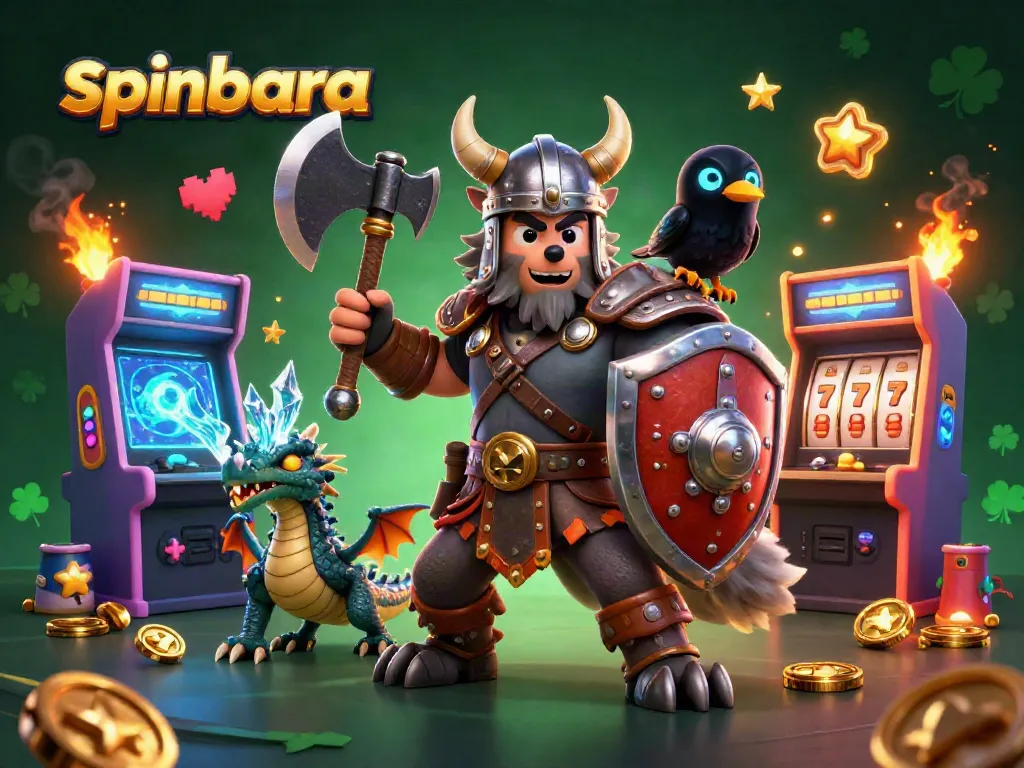 Experience the excitement of spinbara with a vibrant Viking-themed 3D casino illustration.