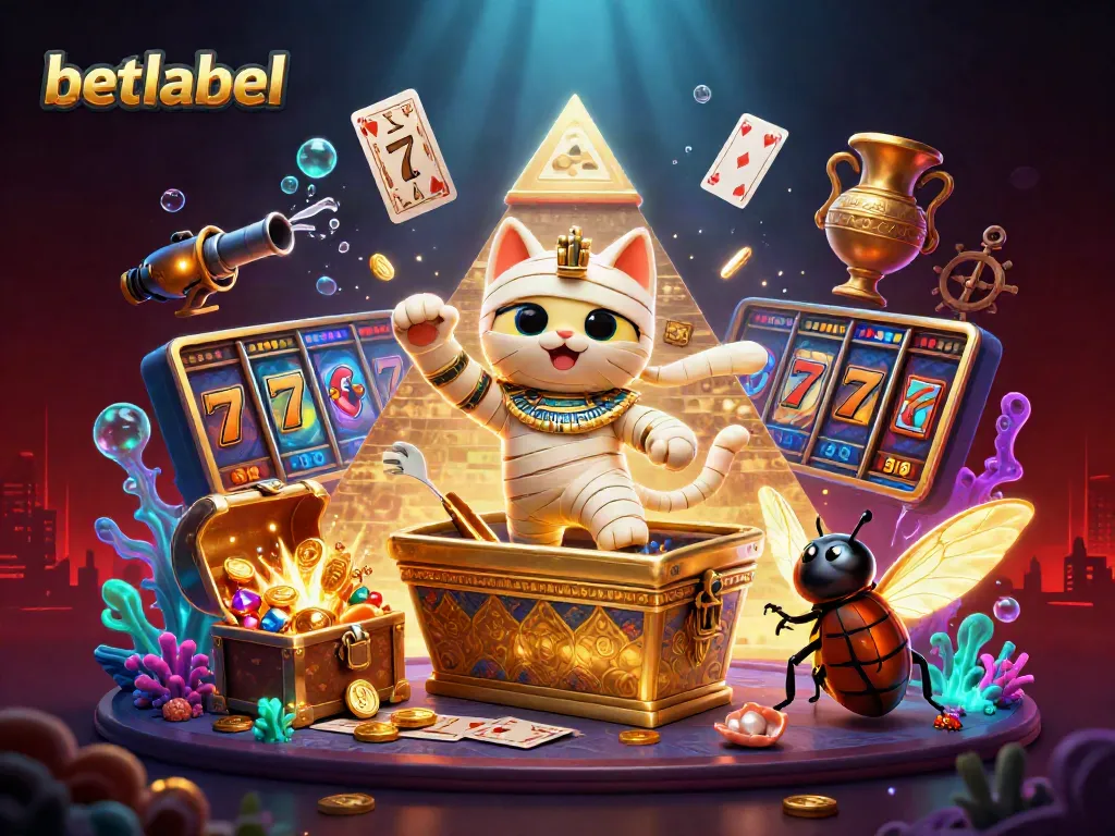 Experience the excitement of betlabel casino with a mummy cat, golden treasures, and dynamic game elements.